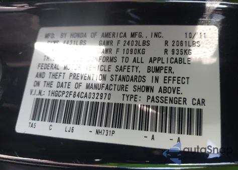 2012 Honda Accord 2.4 Ex-L z USA, uszkodzony, nr VIN 1HGCP2F84CA032970